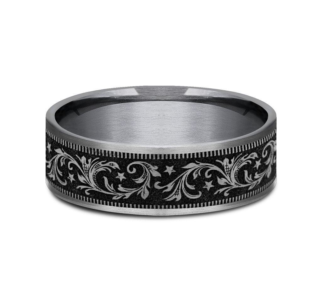 THE SPUR 7.5mm, Comfort fit, Grey Tantalum and Grey/Black Titanium, Barrel script pattern, thin edges