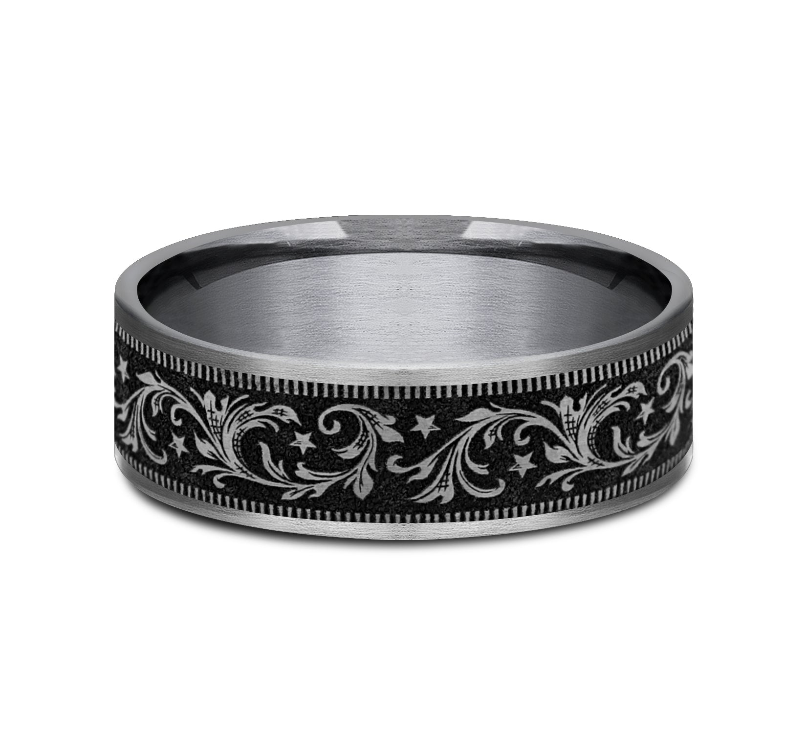 THE SPUR 7.5mm, Comfort fit, Grey Tantalum and Grey/Black Titanium, Barrel script pattern, thin edges