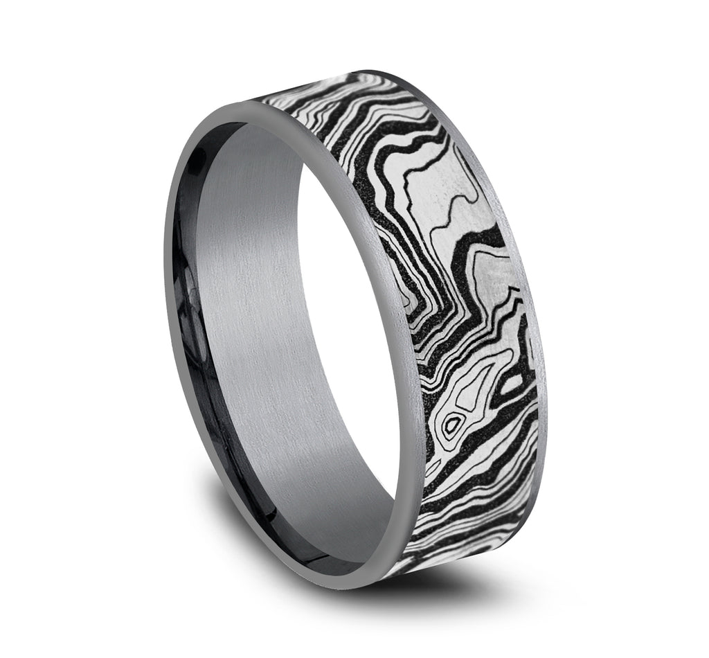 THE EXPLORER 7.5mm, Comfort fit, Grey Tantalum and Grey/Black Titanium, Topography pattern, thin edges