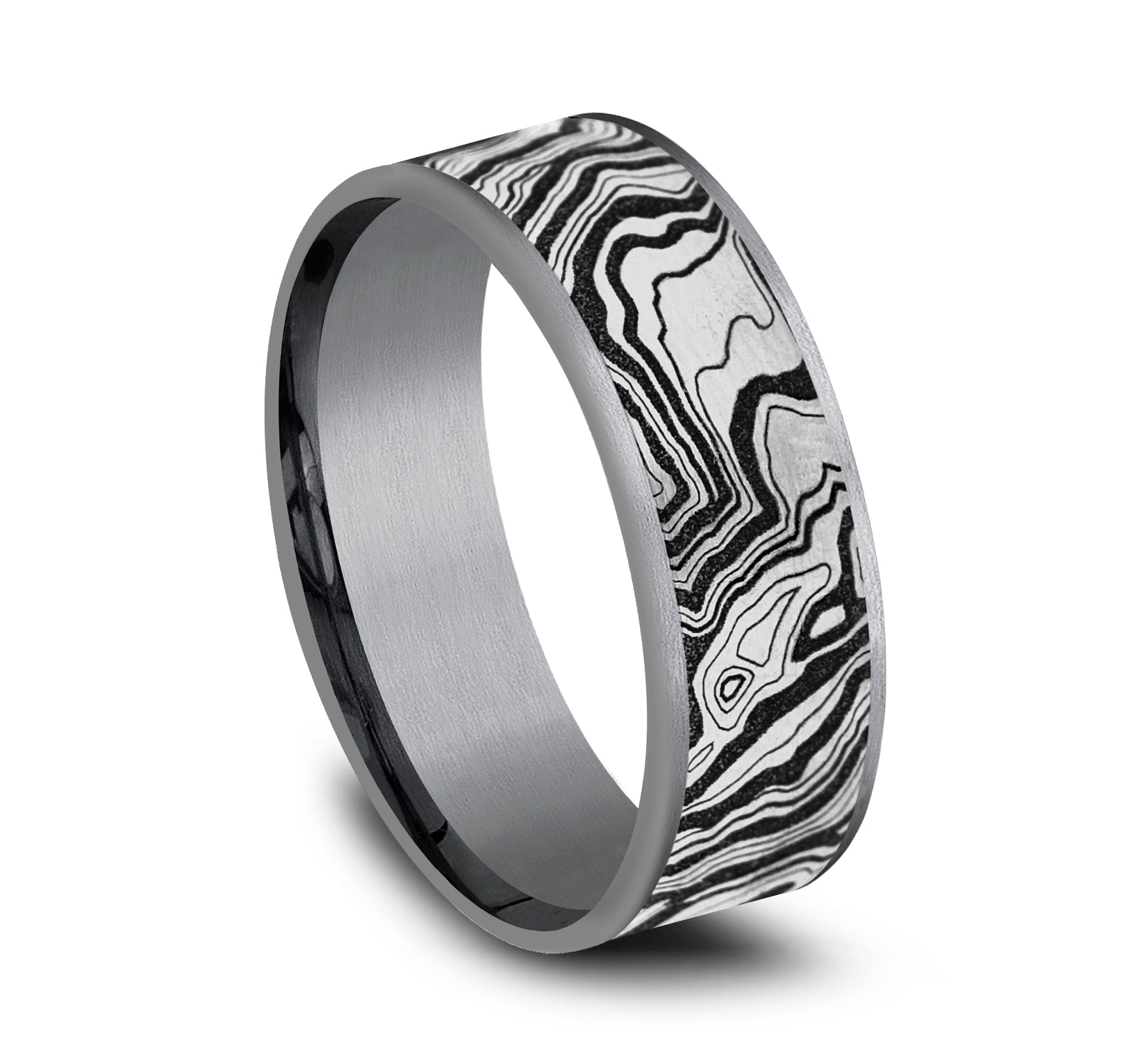 THE EXPLORER 7.5mm, Comfort fit, Grey Tantalum and Grey/Black Titanium, Topography pattern, thin edges
