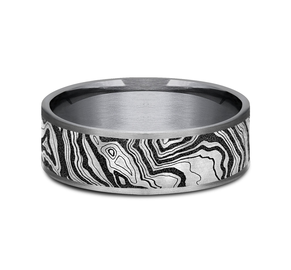THE EXPLORER 7.5mm, Comfort fit, Grey Tantalum and Grey/Black Titanium, Topography pattern, thin edges