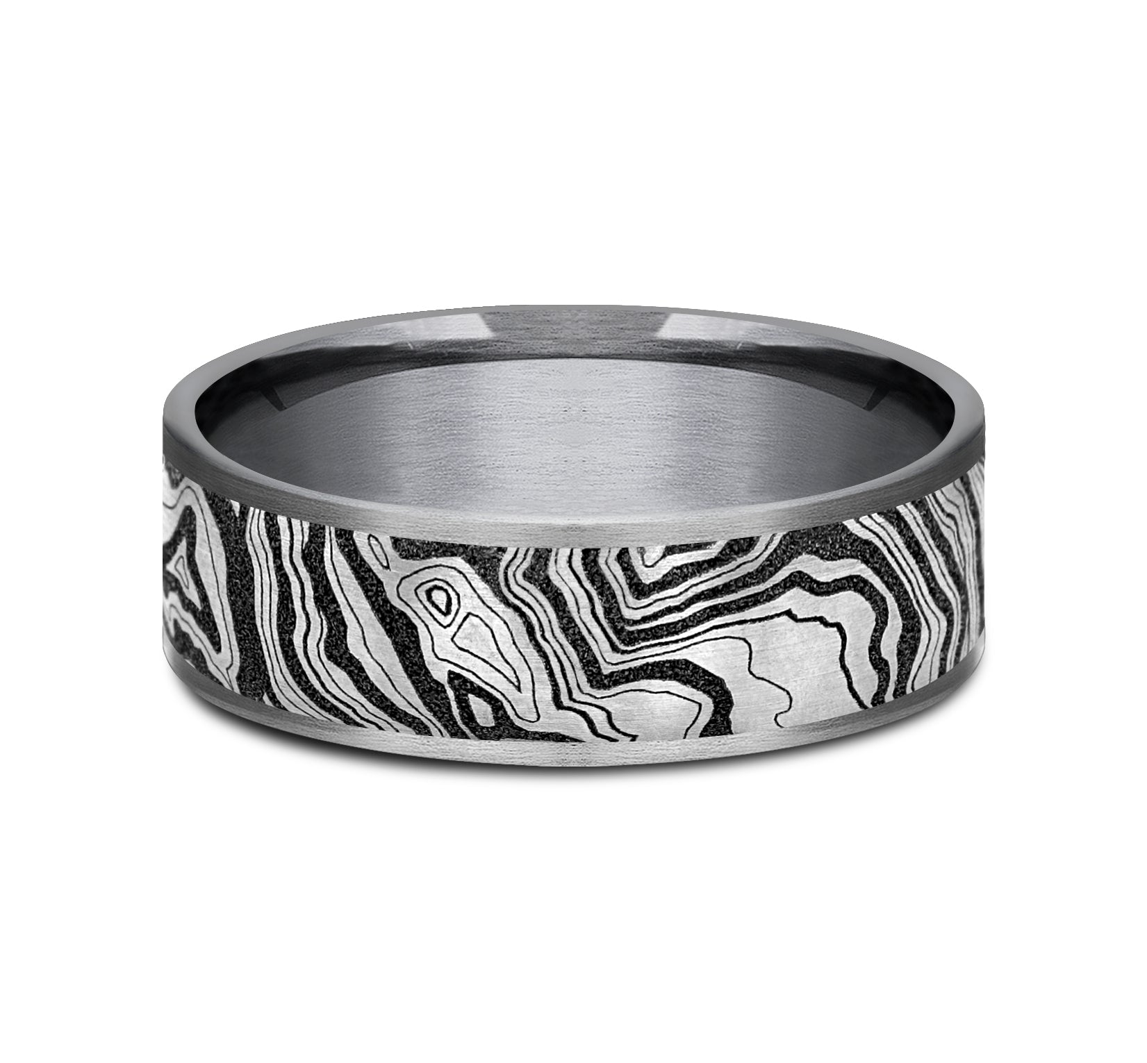 THE EXPLORER 7.5mm, Comfort fit, Grey Tantalum and Grey/Black Titanium, Topography pattern, thin edges