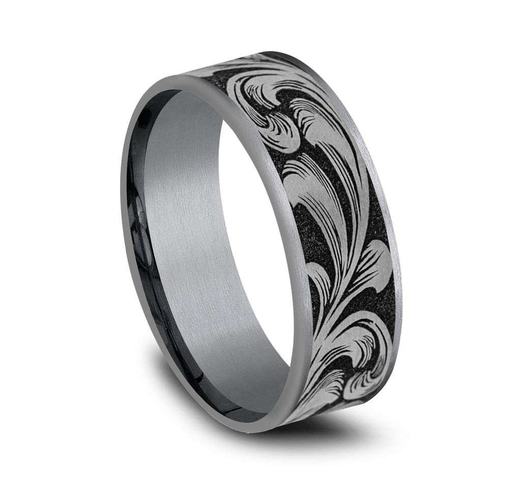 THE BARREL SCRIPT 7.5mm, Comfort fit, Grey Tantalum and Grey/Black Titanium, Large barrel script pattern, thin edges