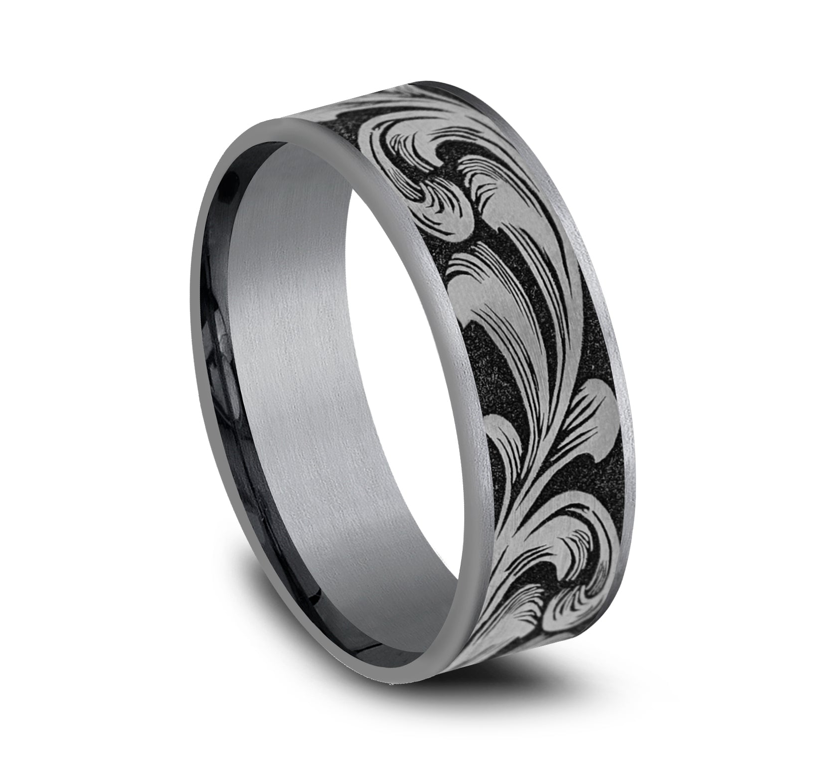 THE BARREL SCRIPT 7.5mm, Comfort fit, Grey Tantalum and Grey/Black Titanium, Large barrel script pattern, thin edges