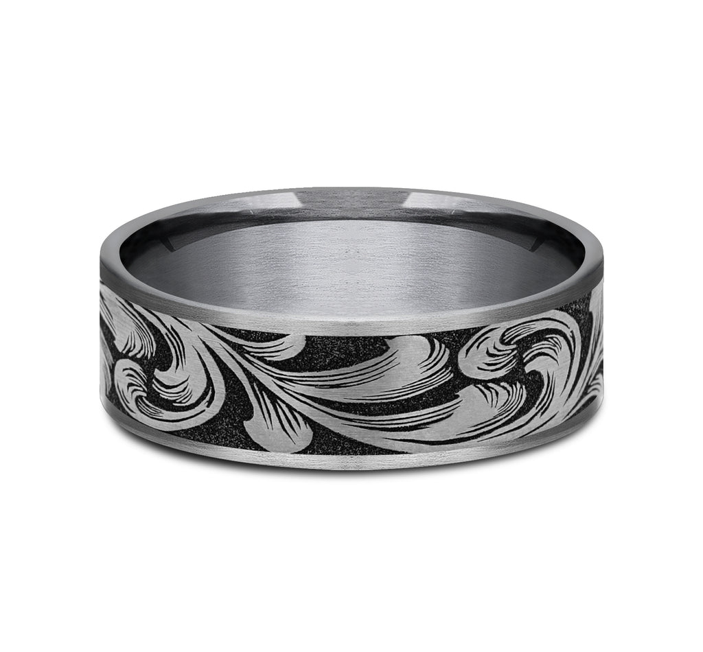 THE BARREL SCRIPT 7.5mm, Comfort fit, Grey Tantalum and Grey/Black Titanium, Large barrel script pattern, thin edges