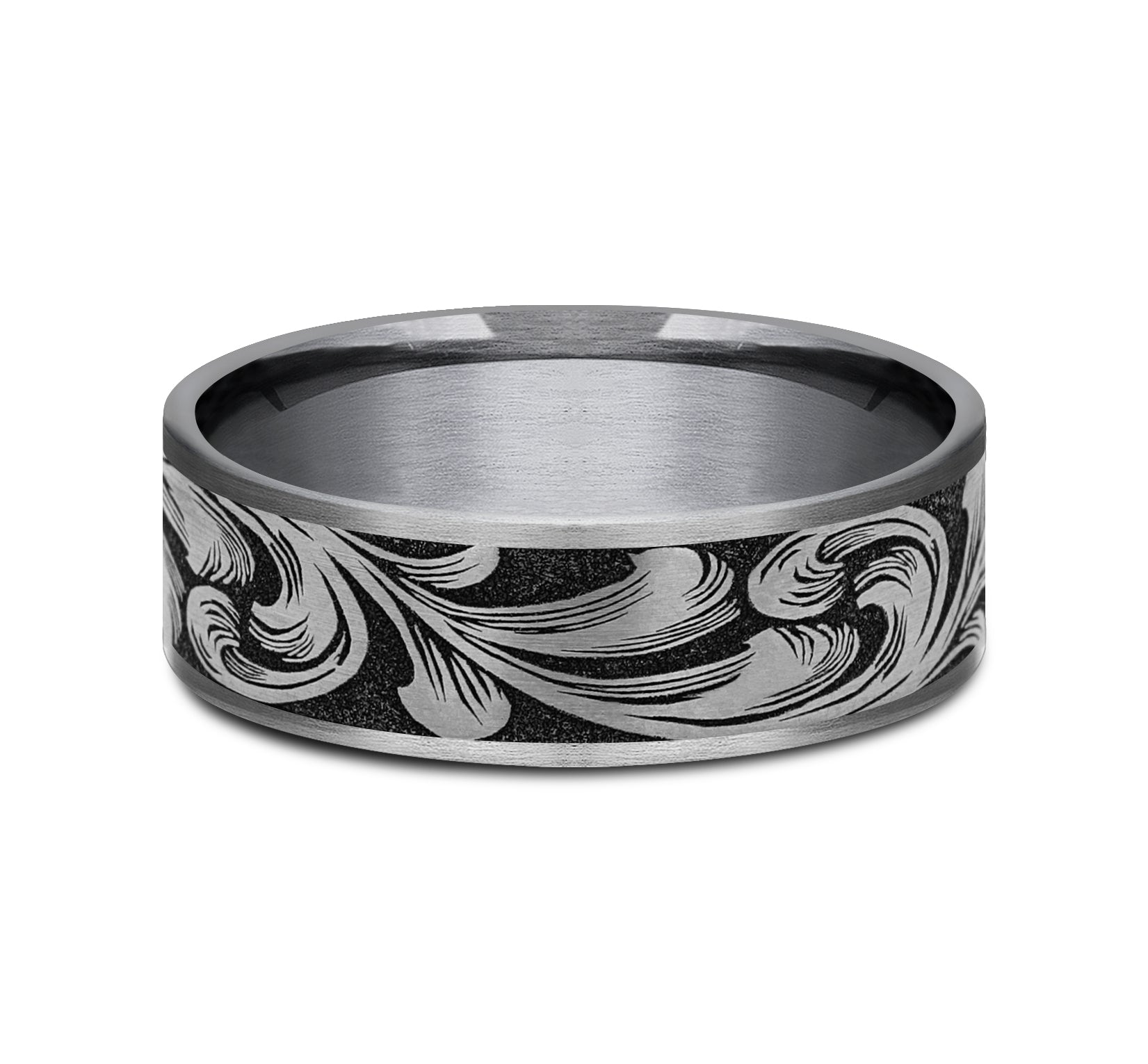 THE BARREL SCRIPT 7.5mm, Comfort fit, Grey Tantalum and Grey/Black Titanium, Large barrel script pattern, thin edges
