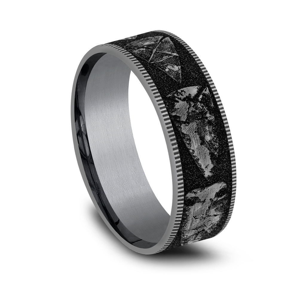THE ARROWHEAD 7.5mm, Comfort fit, Grey Tantalum and Grey/Black Titanium, Arrowhead pattern, thin edges