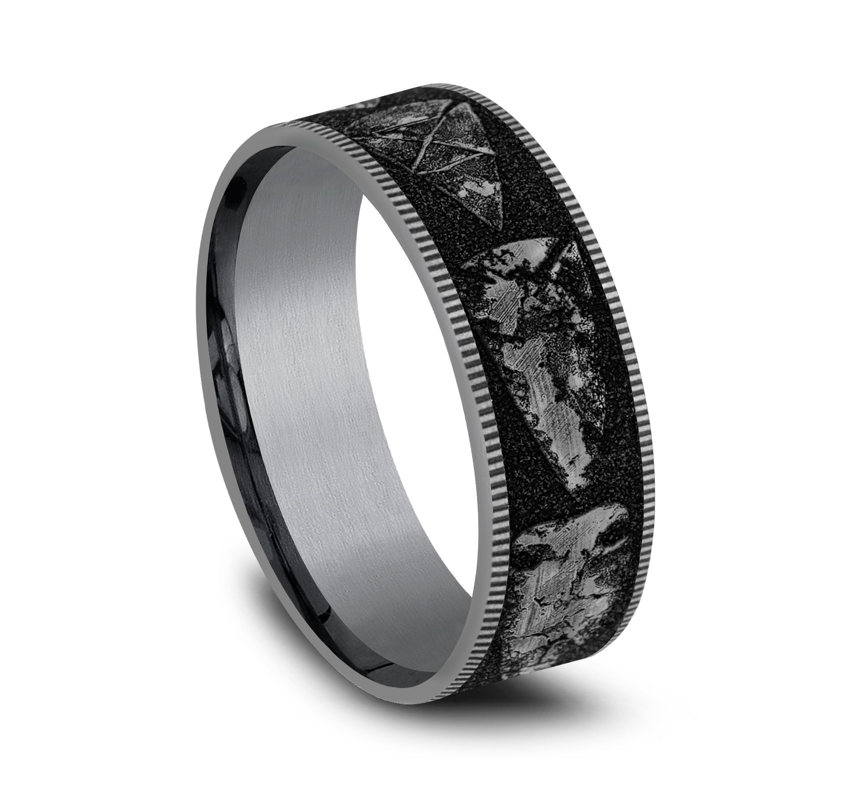 THE ARROWHEAD 7.5mm, Comfort fit, Grey Tantalum and Grey/Black Titanium, Arrowhead pattern, thin edges