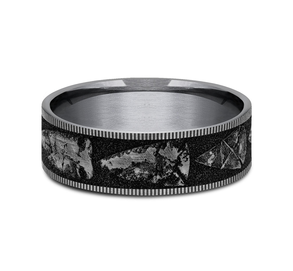 THE ARROWHEAD 7.5mm, Comfort fit, Grey Tantalum and Grey/Black Titanium, Arrowhead pattern, thin edges