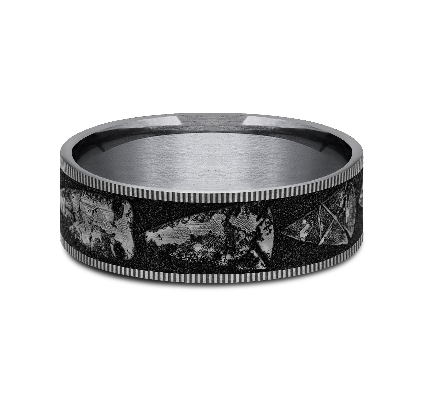THE ARROWHEAD 7.5mm, Comfort fit, Grey Tantalum and Grey/Black Titanium, Arrowhead pattern, thin edges