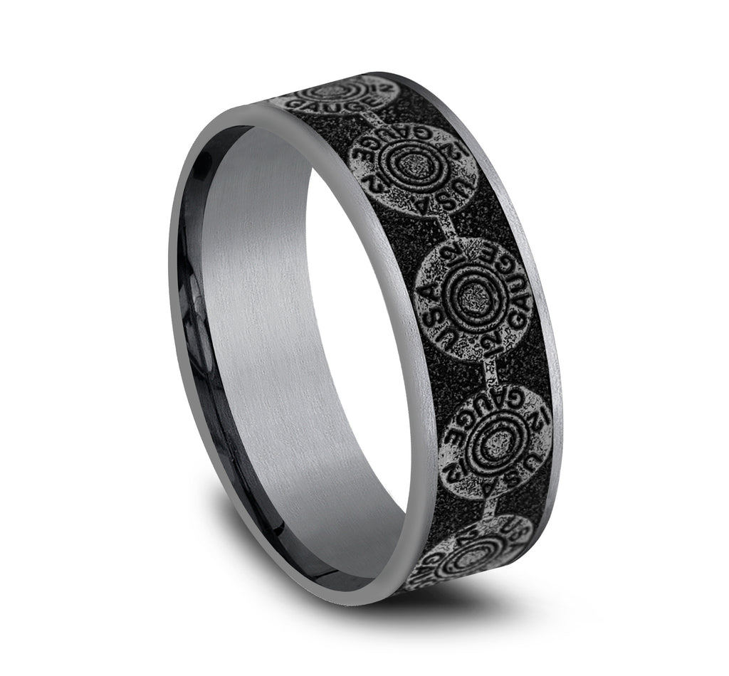 THE 12 GAUGE 7.5mm, Comfort fit, Grey Tantalum and Grey/Black Titanium, 12GA bullet back patterned center, thin edges