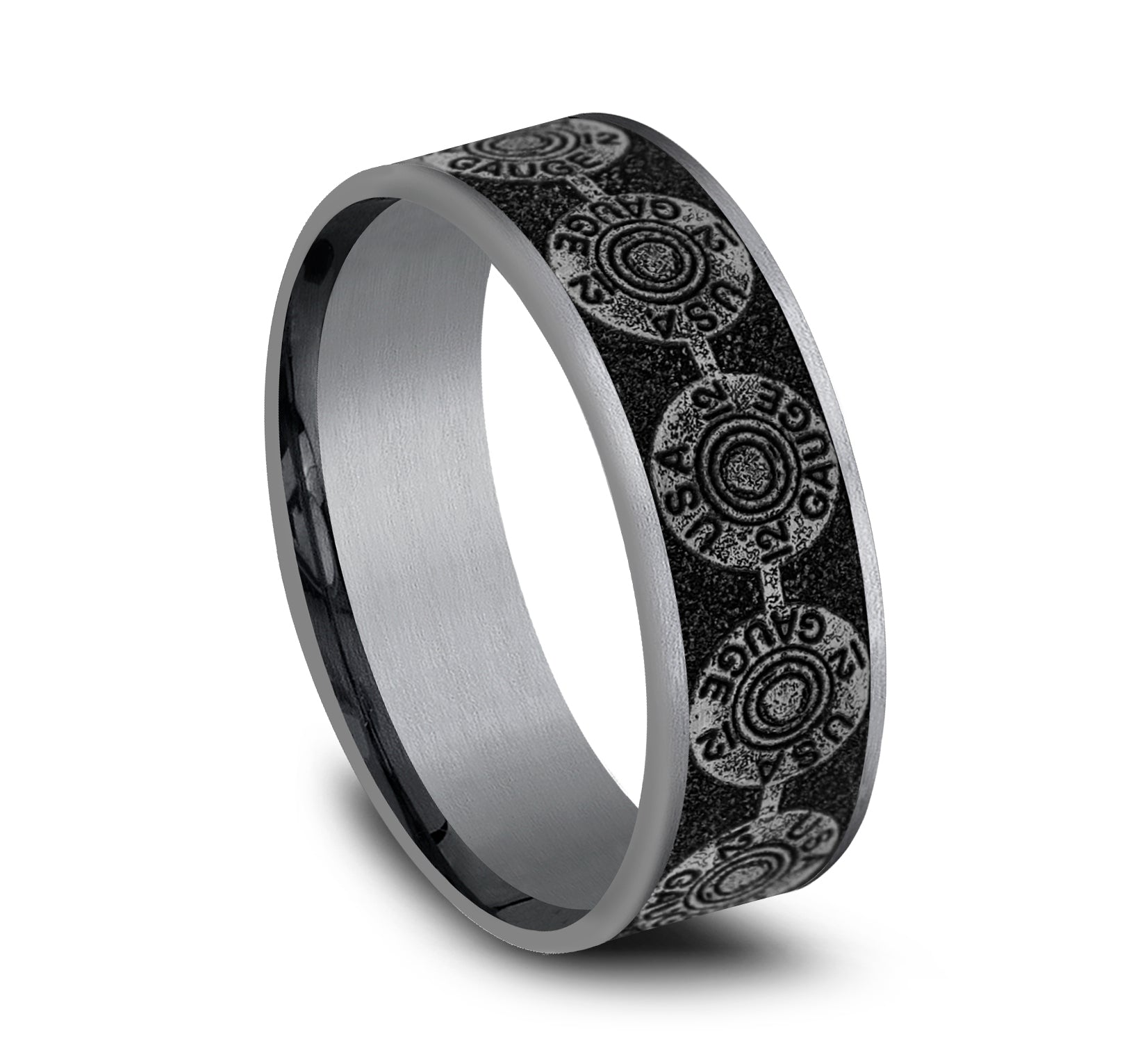THE 12 GAUGE 7.5mm, Comfort fit, Grey Tantalum and Grey/Black Titanium, 12GA bullet back patterned center, thin edges