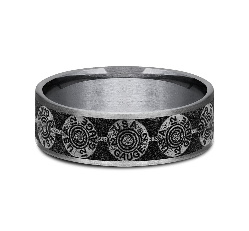 THE 12 GAUGE 7.5mm, Comfort fit, Grey Tantalum and Grey/Black Titanium, 12GA bullet back patterned center, thin edges