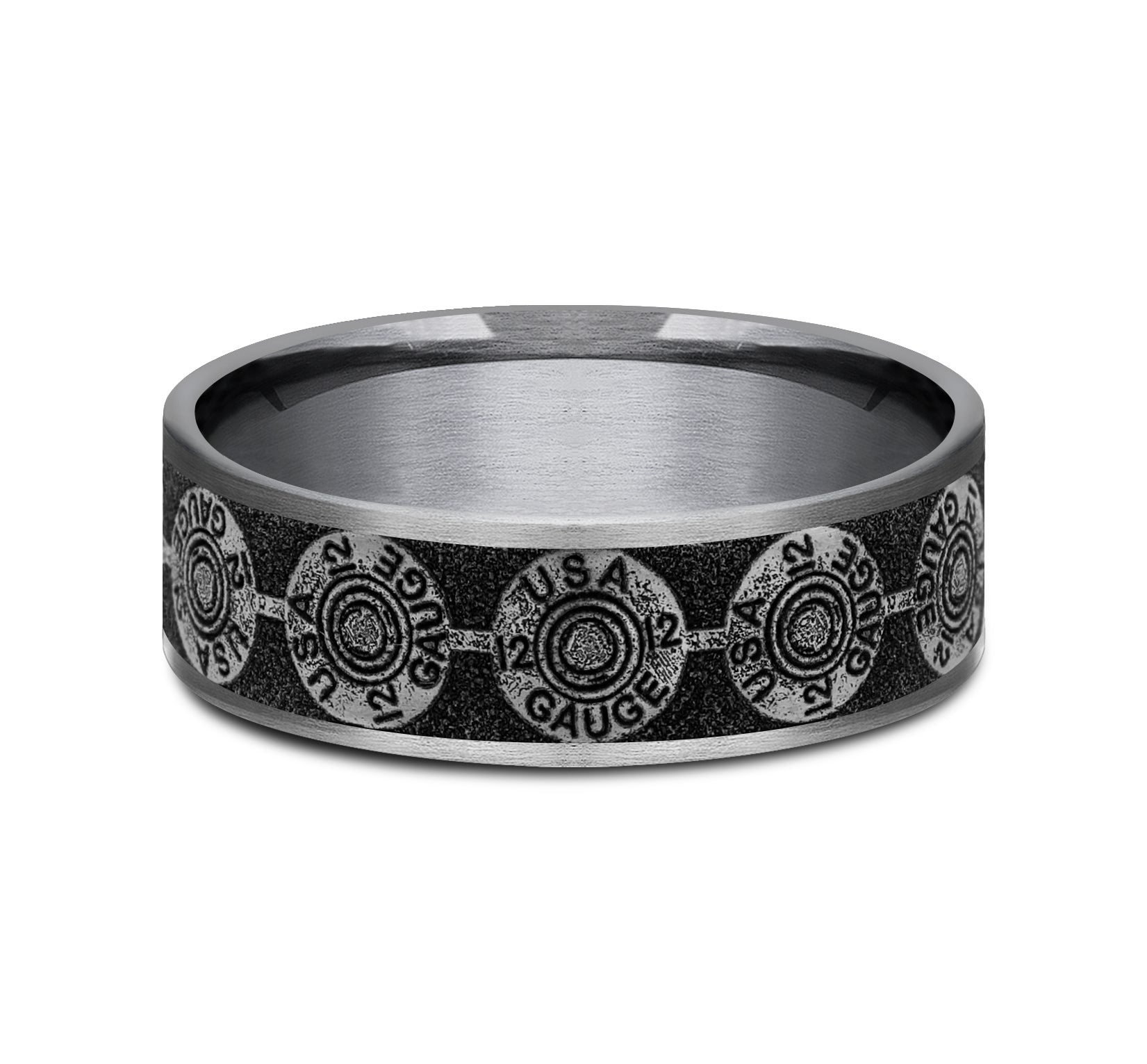 THE 12 GAUGE 7.5mm, Comfort fit, Grey Tantalum and Grey/Black Titanium, 12GA bullet back patterned center, thin edges