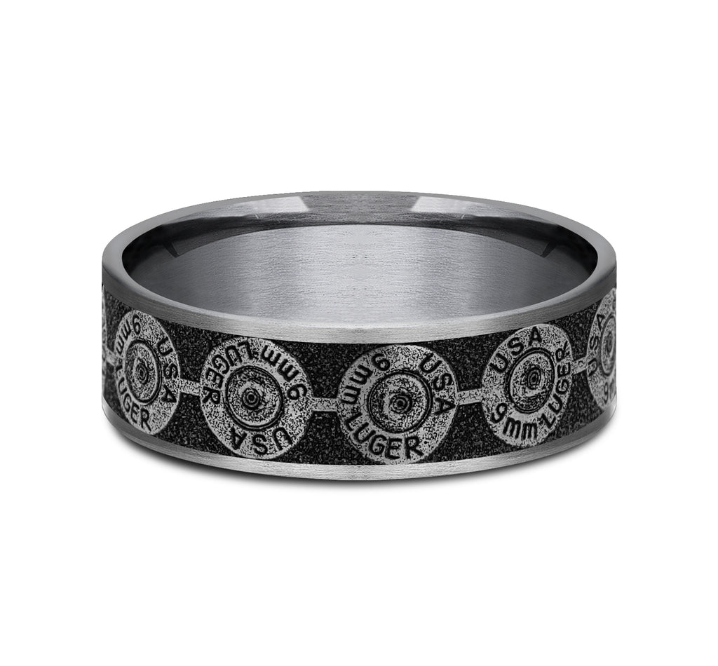 THE 9MM 7.5mm, Comfort fit, Grey Tantalum and Grey/Black Titanium, 9mm bullet back patterned center, thin edges