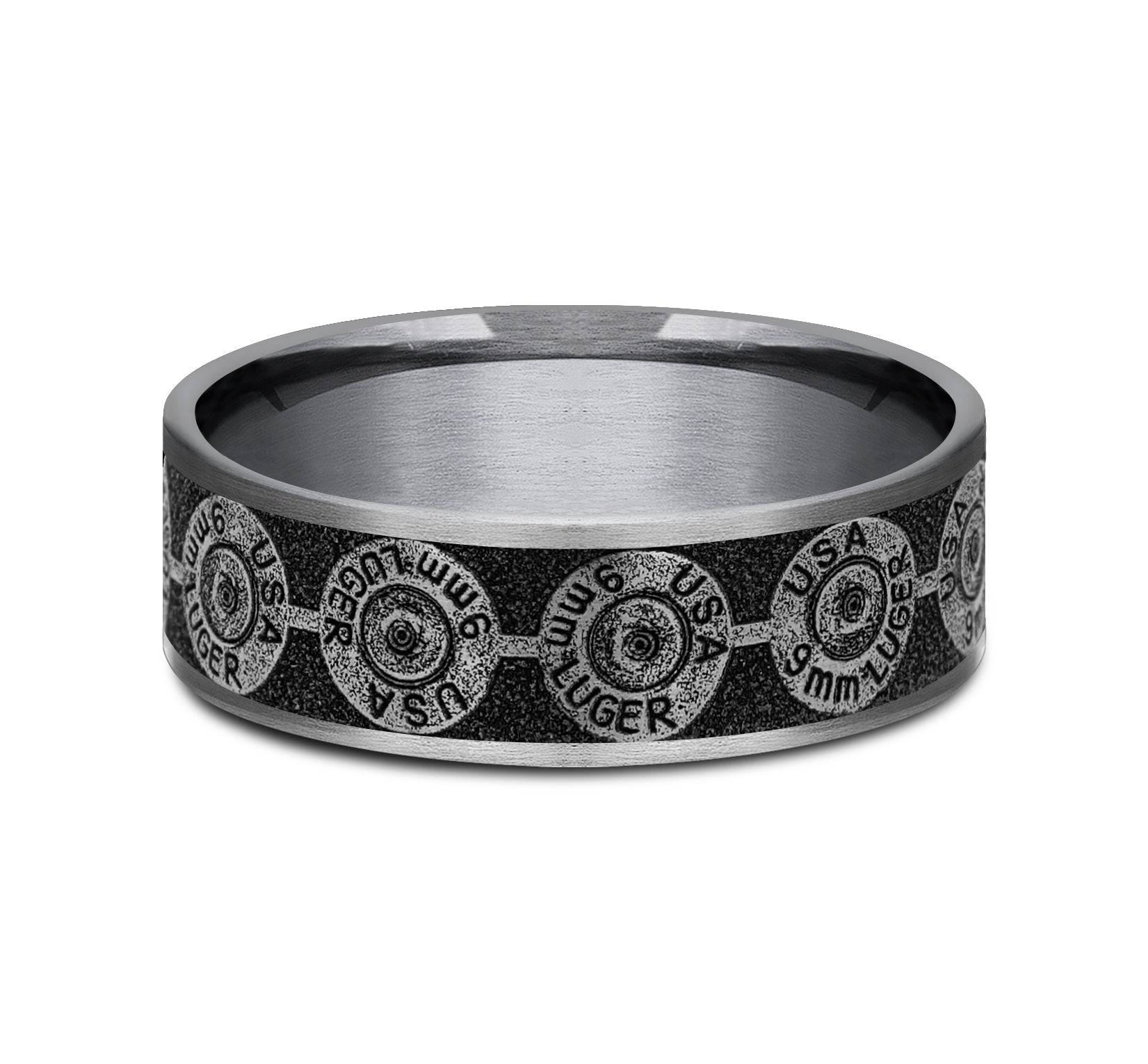 THE 9MM 7.5mm, Comfort fit, Grey Tantalum and Grey/Black Titanium, 9mm bullet back patterned center, thin edges