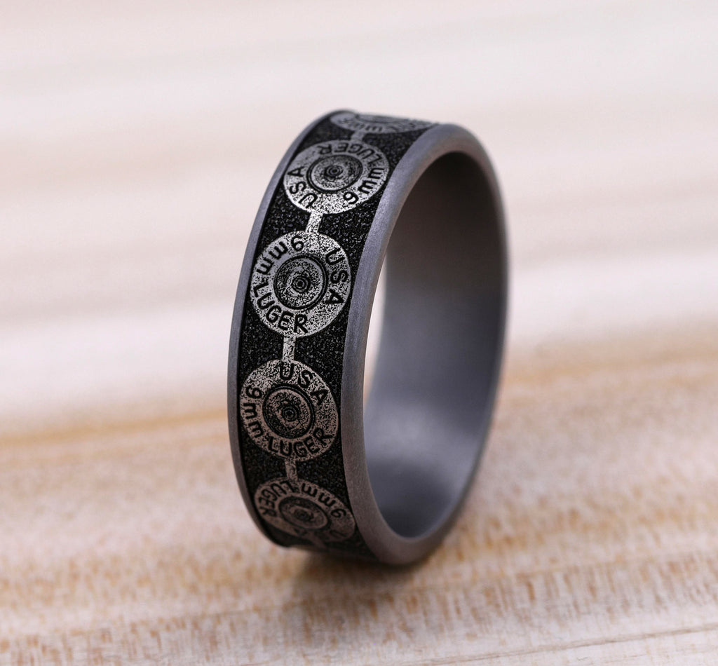 THE 9MM 7.5mm, Comfort fit, Grey Tantalum and Grey/Black Titanium, 9mm bullet back patterned center, thin edges