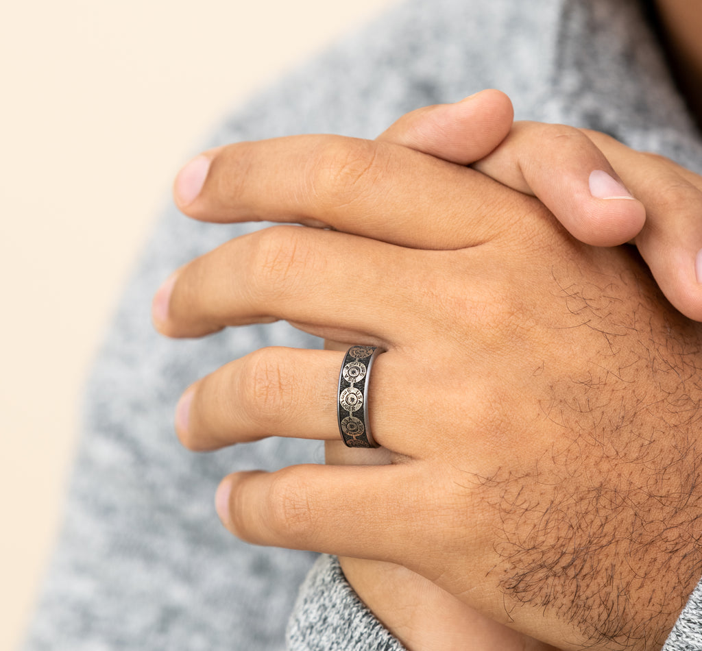 THE 9MM 7.5mm, Comfort fit, Grey Tantalum and Grey/Black Titanium, 9mm bullet back patterned center, thin edges