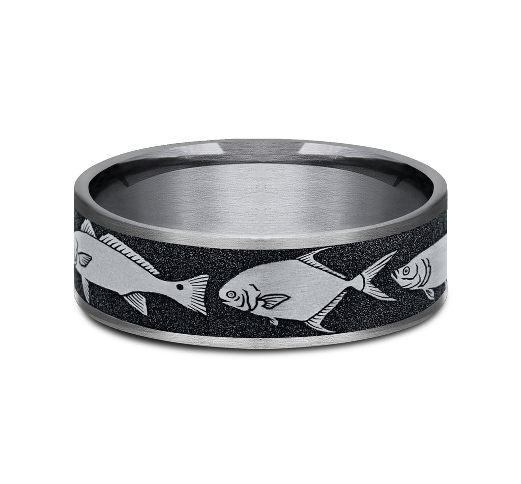 THE SKIFF , 7.5mm, Comfort fit, , Grey Tantalum and Grey/Black Titanium, , Tarpon, Redfish, Permit fish patterned center, thin edges,