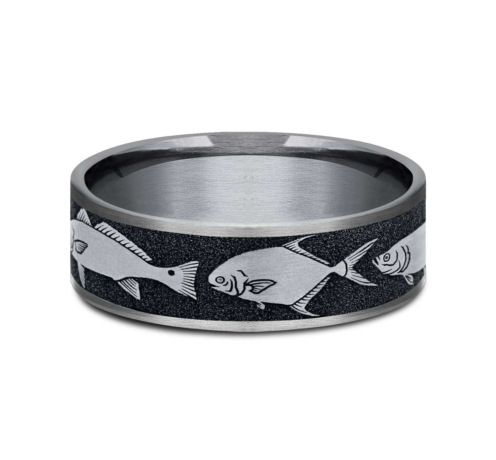 THE SKIFF , 7.5mm, Comfort fit, , Grey Tantalum and Grey/Black Titanium, , Tarpon, Redfish, Permit fish patterned center, thin edges,