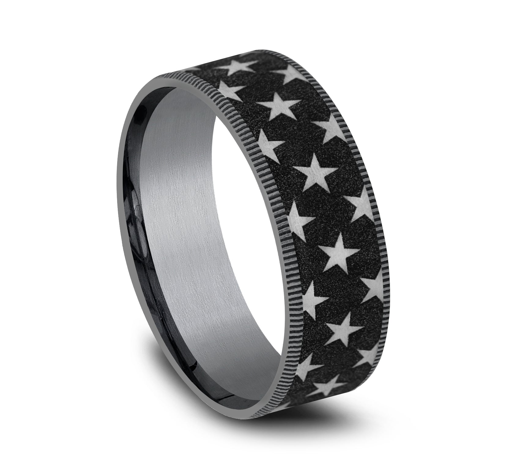 THE ANTHEM 7.5mm, Comfort fit, Grey Tantalum and Grey/Black Titanium, Star patterned center, thin edges