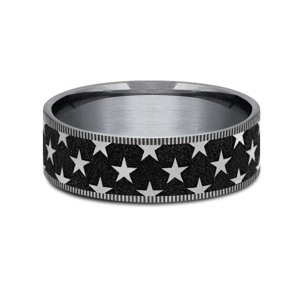THE ANTHEM 7.5mm, Comfort fit, Grey Tantalum and Grey/Black Titanium, Star patterned center, thin edges