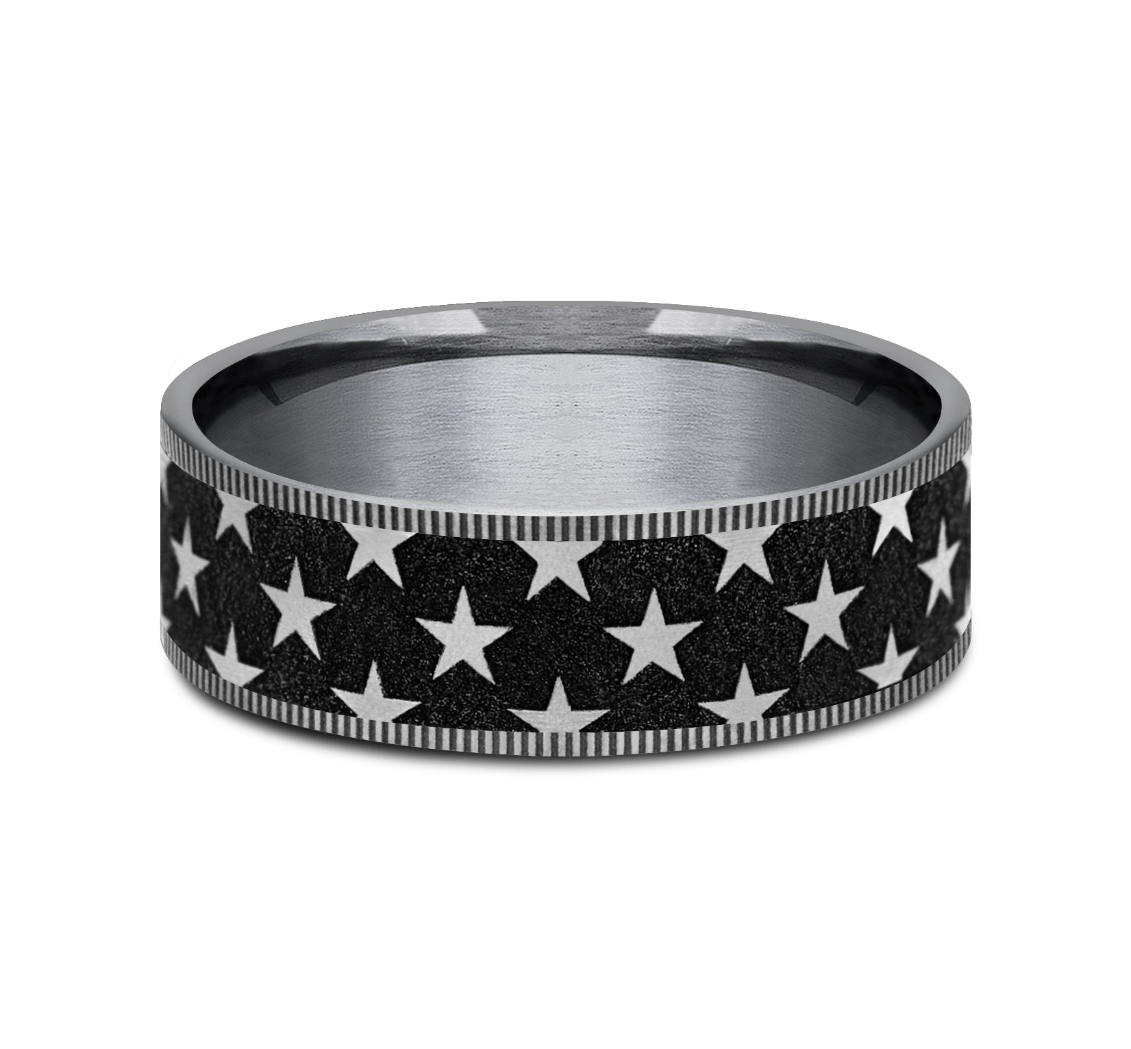 THE ANTHEM 7.5mm, Comfort fit, Grey Tantalum and Grey/Black Titanium, Star patterned center, thin edges