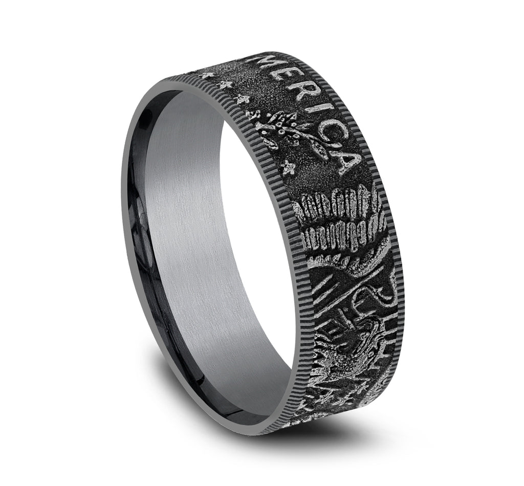 THE KENNEDY 8mm, Comfort fit, Grey Tantalum, Kennedy half dollar design, milgrain edges