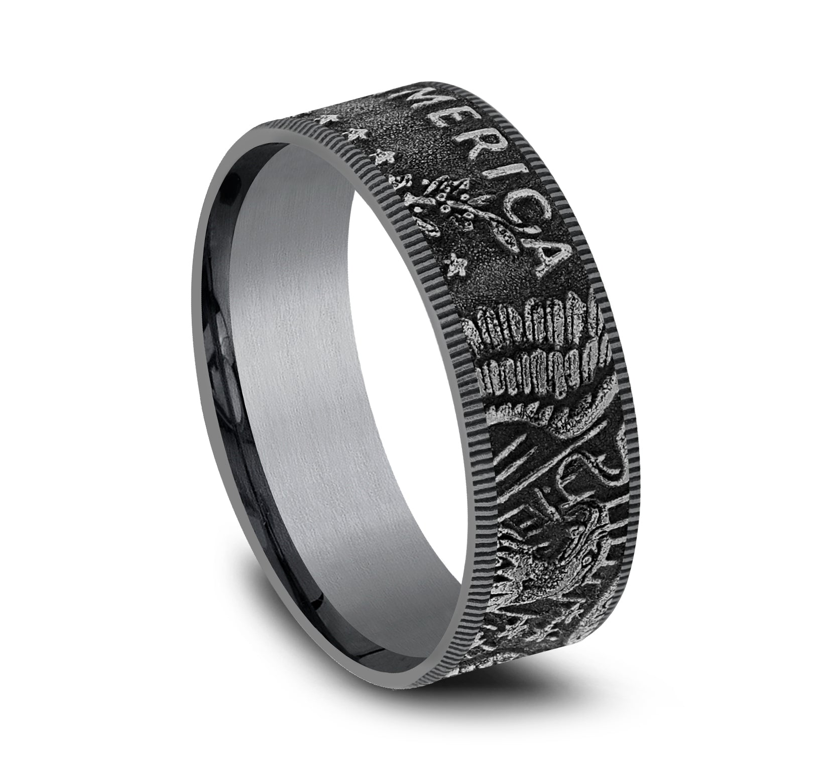 THE KENNEDY 8mm, Comfort fit, Grey Tantalum, Kennedy half dollar design, milgrain edges