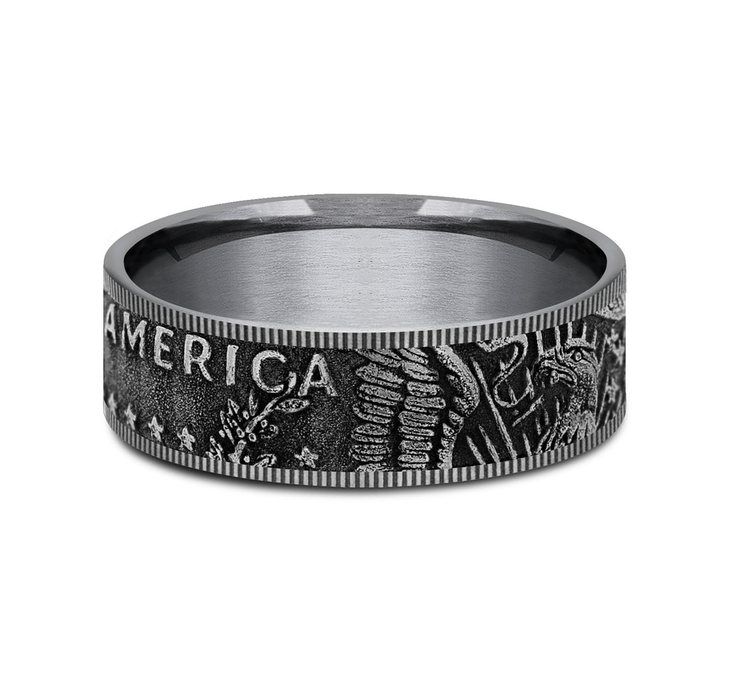 THE KENNEDY 8mm, Comfort fit, Grey Tantalum, Kennedy half dollar design, milgrain edges