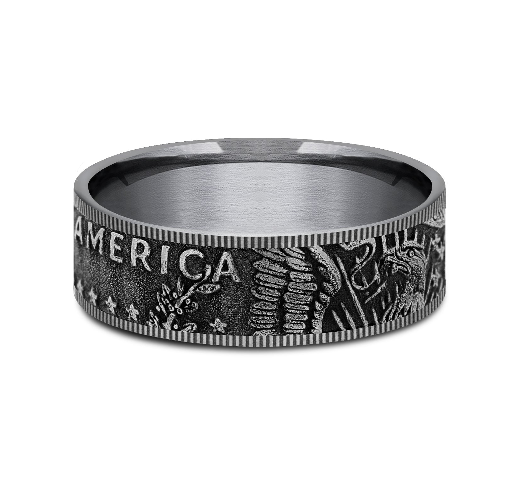 THE KENNEDY 8mm, Comfort fit, Grey Tantalum, Kennedy half dollar design, milgrain edges
