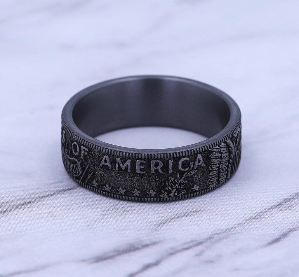 THE KENNEDY 8mm, Comfort fit, Grey Tantalum, Kennedy half dollar design, milgrain edges