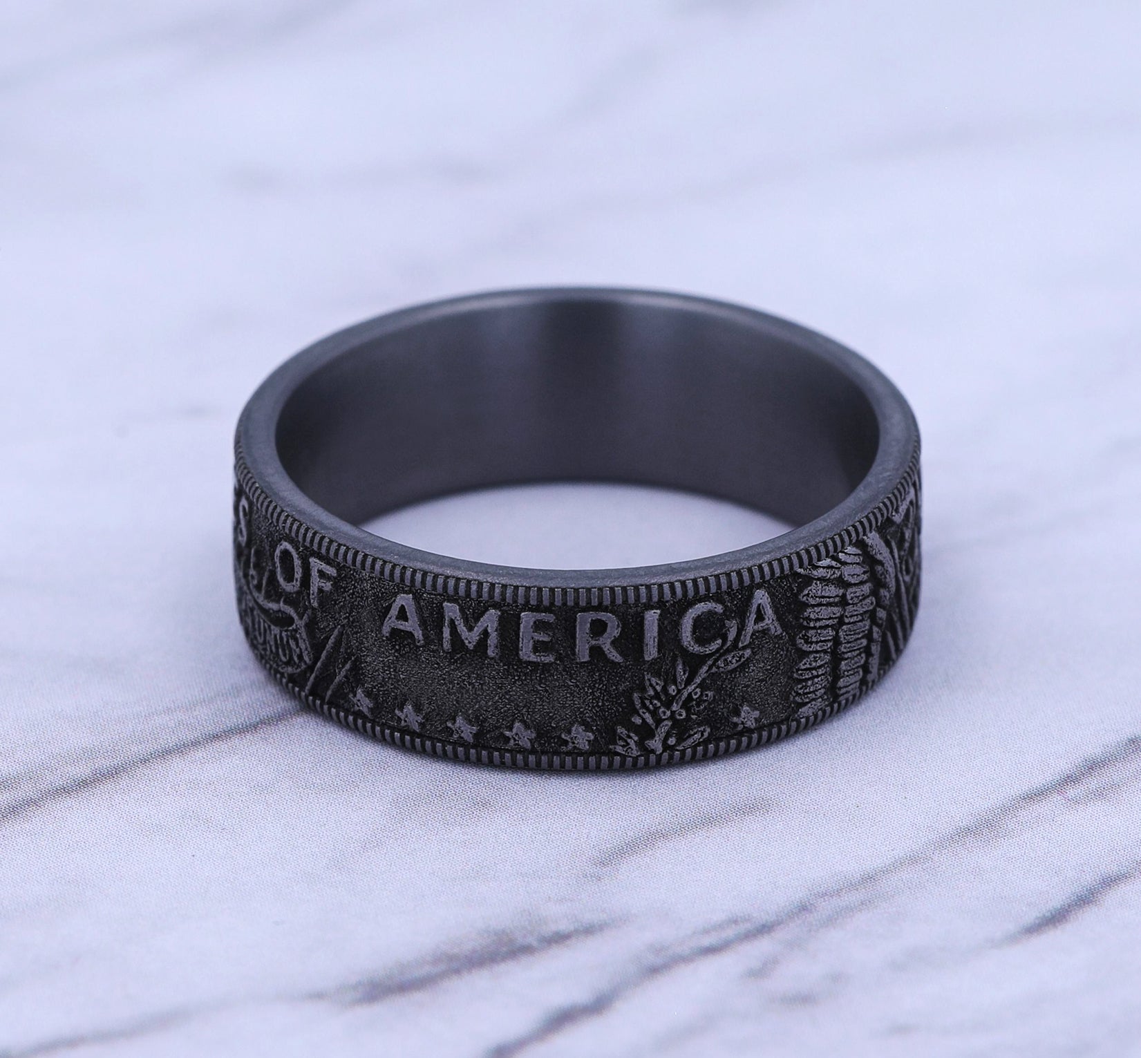 THE KENNEDY 8mm, Comfort fit, Grey Tantalum, Kennedy half dollar design, milgrain edges