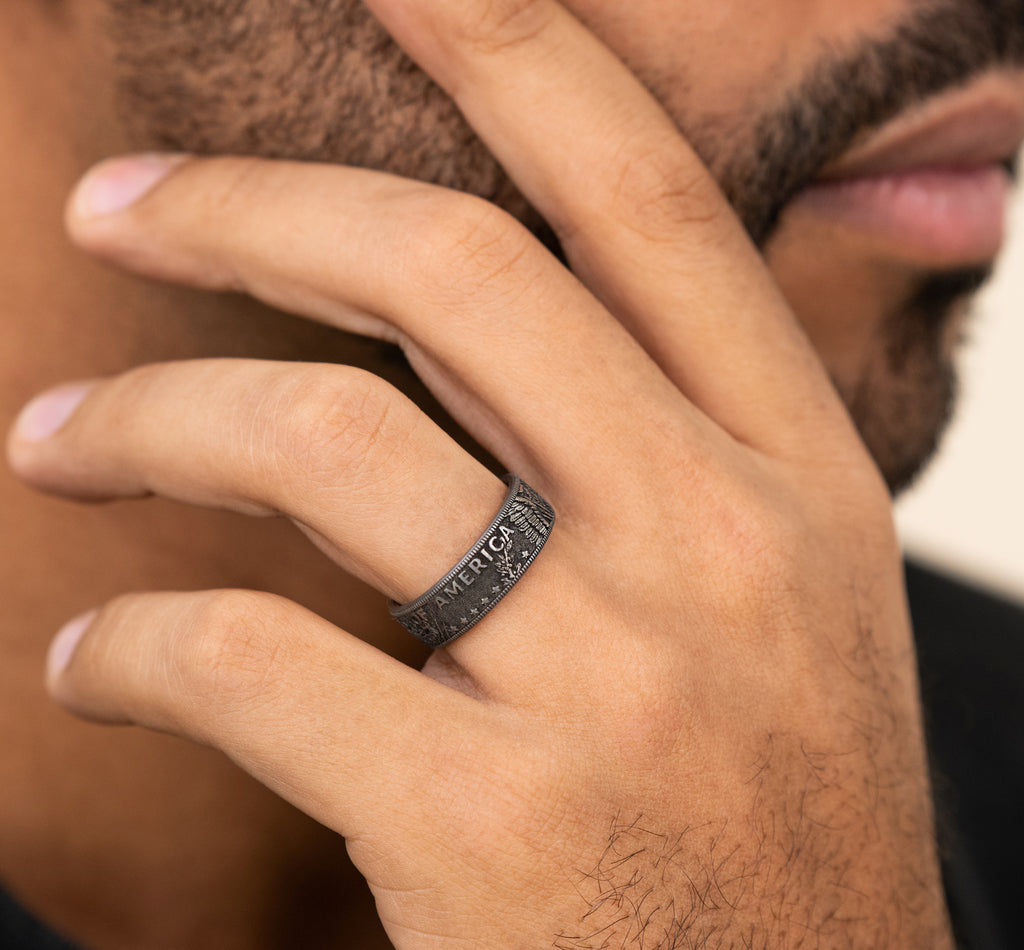 THE KENNEDY 8mm, Comfort fit, Grey Tantalum, Kennedy half dollar design, milgrain edges