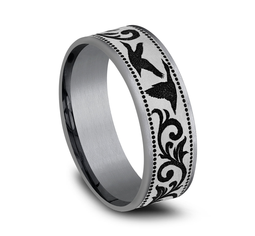 THE WATERFOWL 7.5mm, Comfort fit, Grey Tantalum and Grey/Black Titanium, Flying duck and script patterned center, thin edges