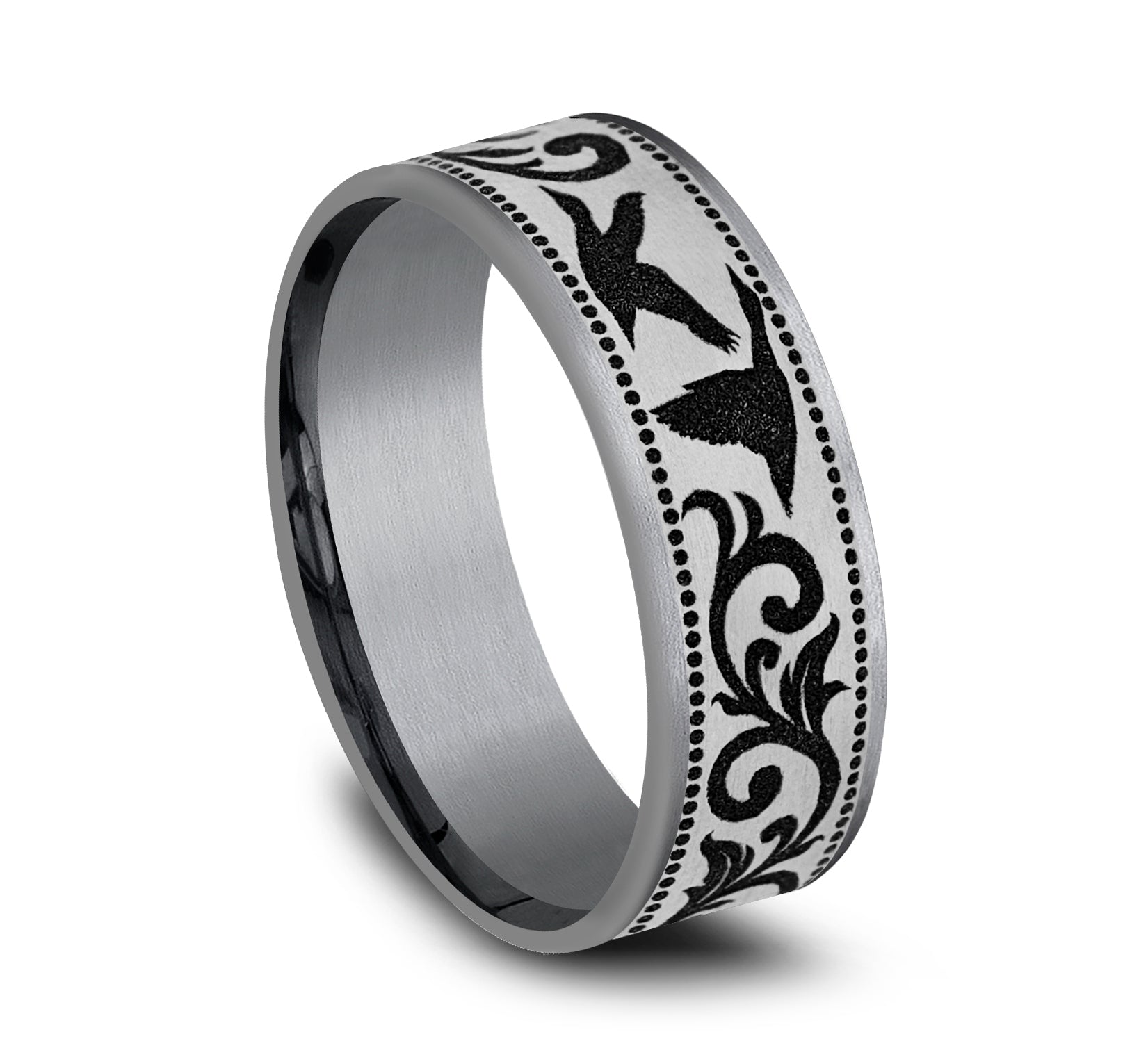THE WATERFOWL 7.5mm, Comfort fit, Grey Tantalum and Grey/Black Titanium, Flying duck and script patterned center, thin edges