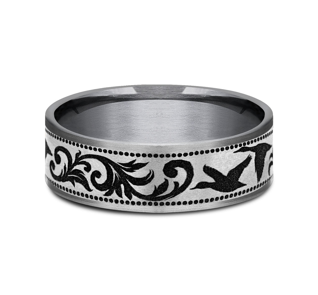 THE WATERFOWL 7.5mm, Comfort fit, Grey Tantalum and Grey/Black Titanium, Flying duck and script patterned center, thin edges