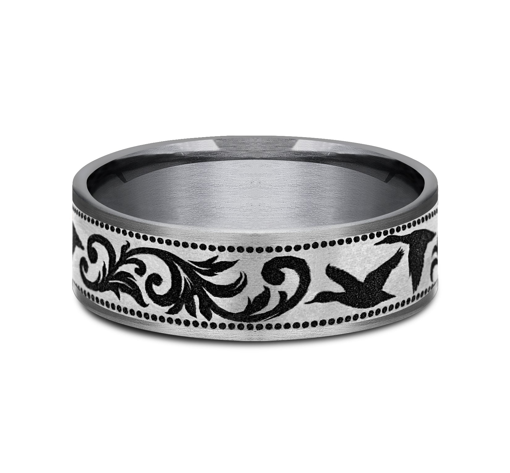 THE WATERFOWL 7.5mm, Comfort fit, Grey Tantalum and Grey/Black Titanium, Flying duck and script patterned center, thin edges