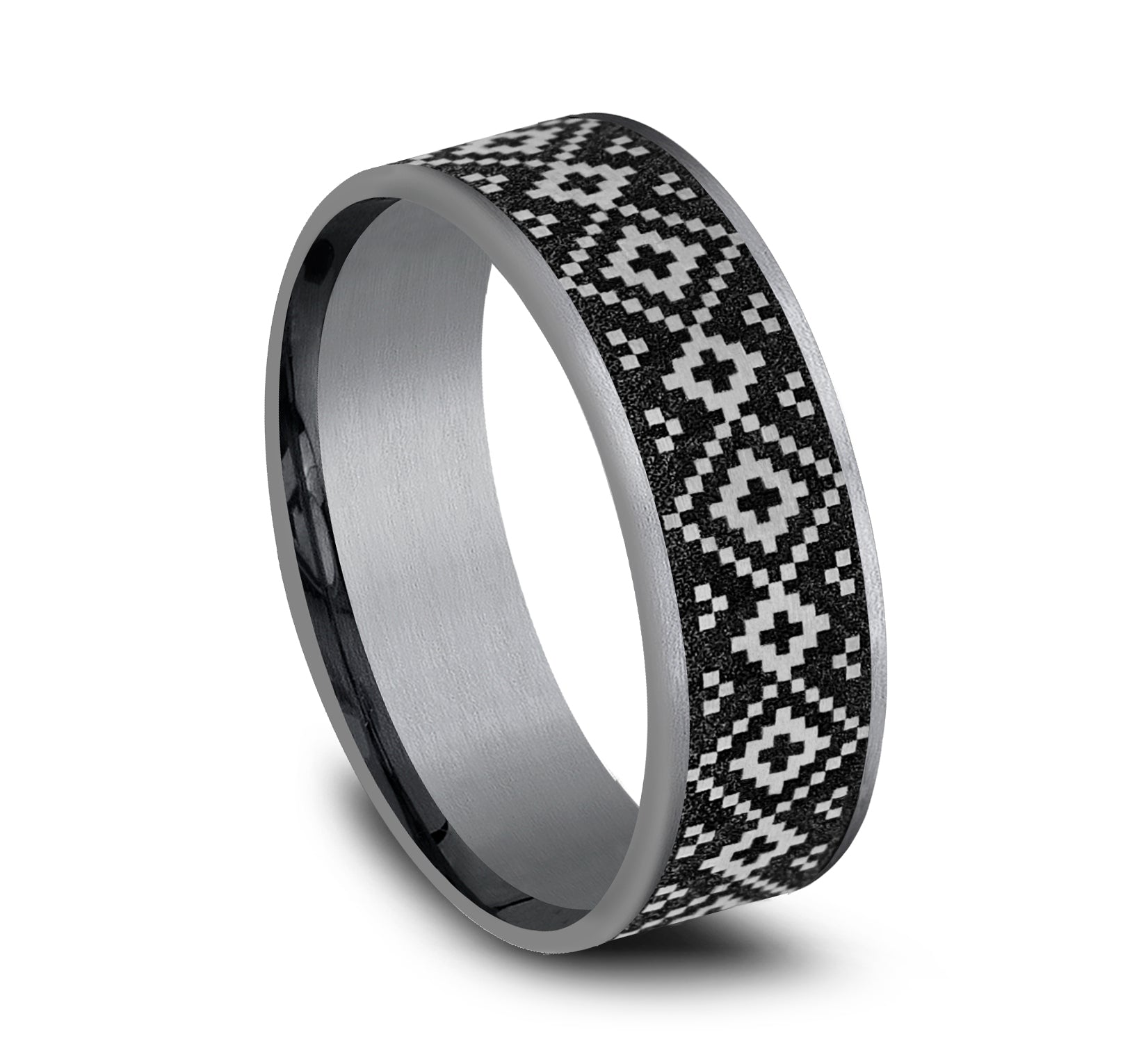 THE ISLE 7.5mm, Comfort fit, Grey Tantalum and Grey/Black Titanium, Fair Isle patterned center, thin edges