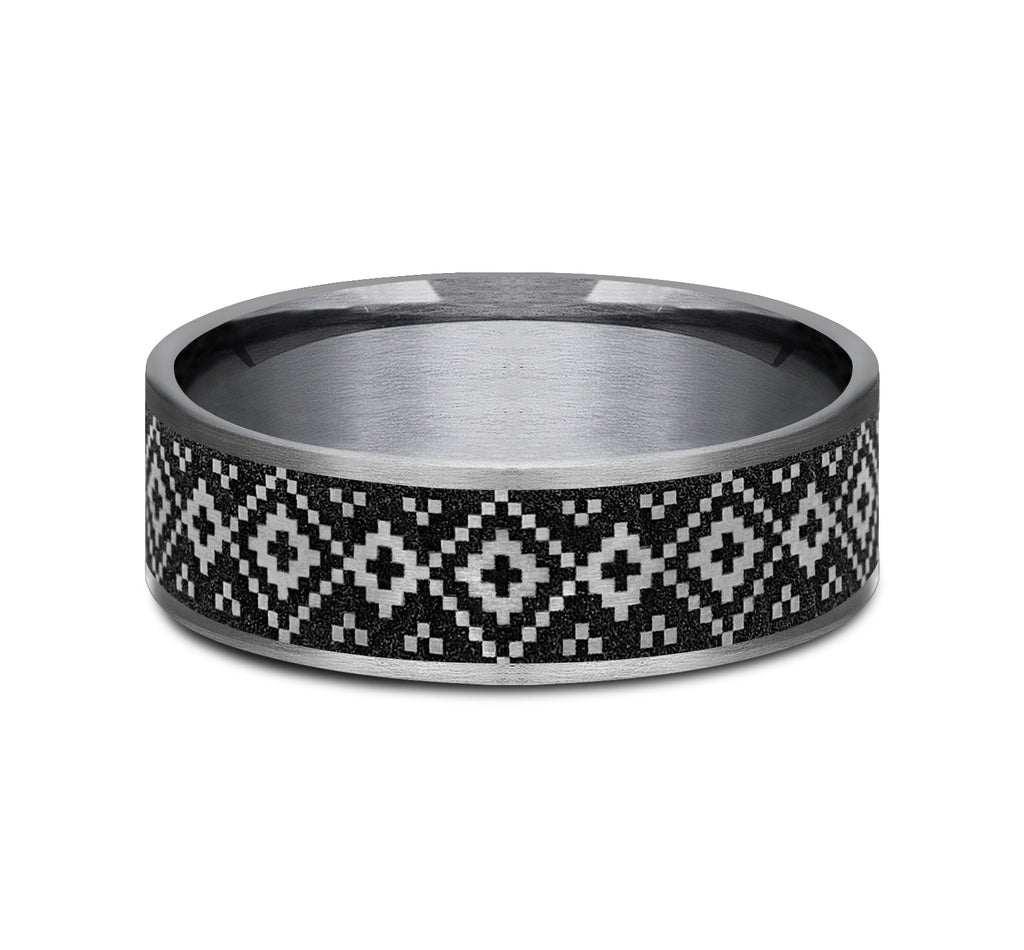 THE ISLE 7.5mm, Comfort fit, Grey Tantalum and Grey/Black Titanium, Fair Isle patterned center, thin edges