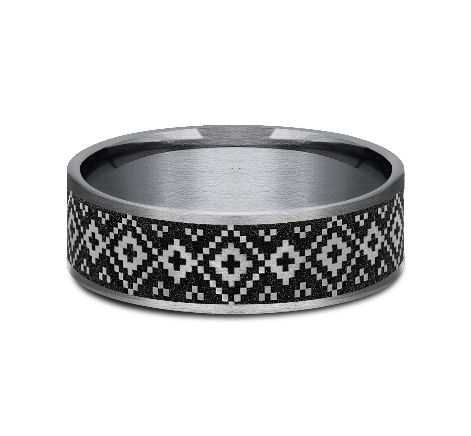 THE ISLE 7.5mm, Comfort fit, Grey Tantalum and Grey/Black Titanium, Fair Isle patterned center, thin edges