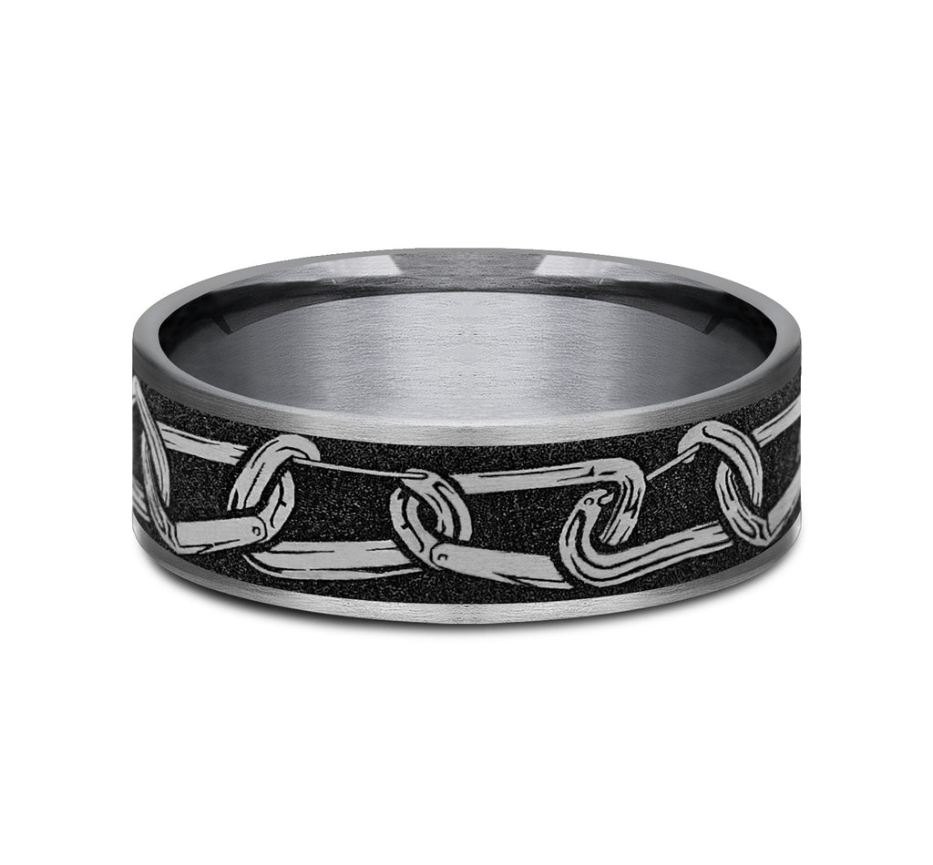 THE CARABINER 7.5mm, Comfort fit, Grey Tantalum and Grey/Black Titanium, Carabiner patterned center, thin edges