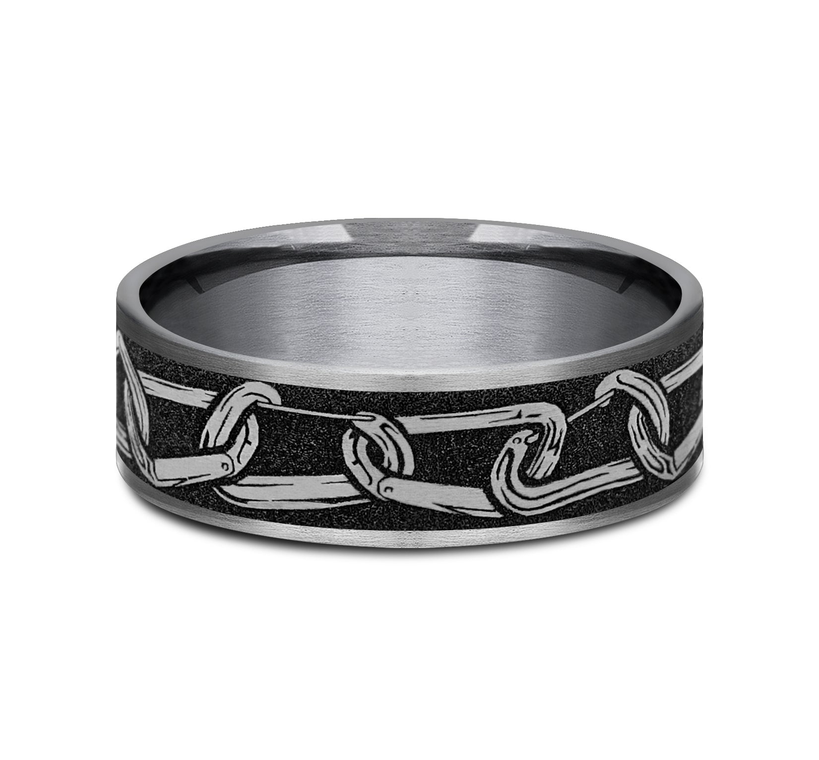 THE CARABINER 7.5mm, Comfort fit, Grey Tantalum and Grey/Black Titanium, Carabiner patterned center, thin edges