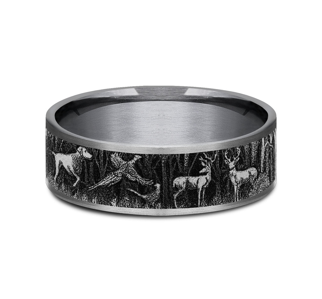 THE HUNTSMAN 7.5mm, Comfort fit, Grey Tantalum and Grey/Black Titanium, Forest scene design, thin edges