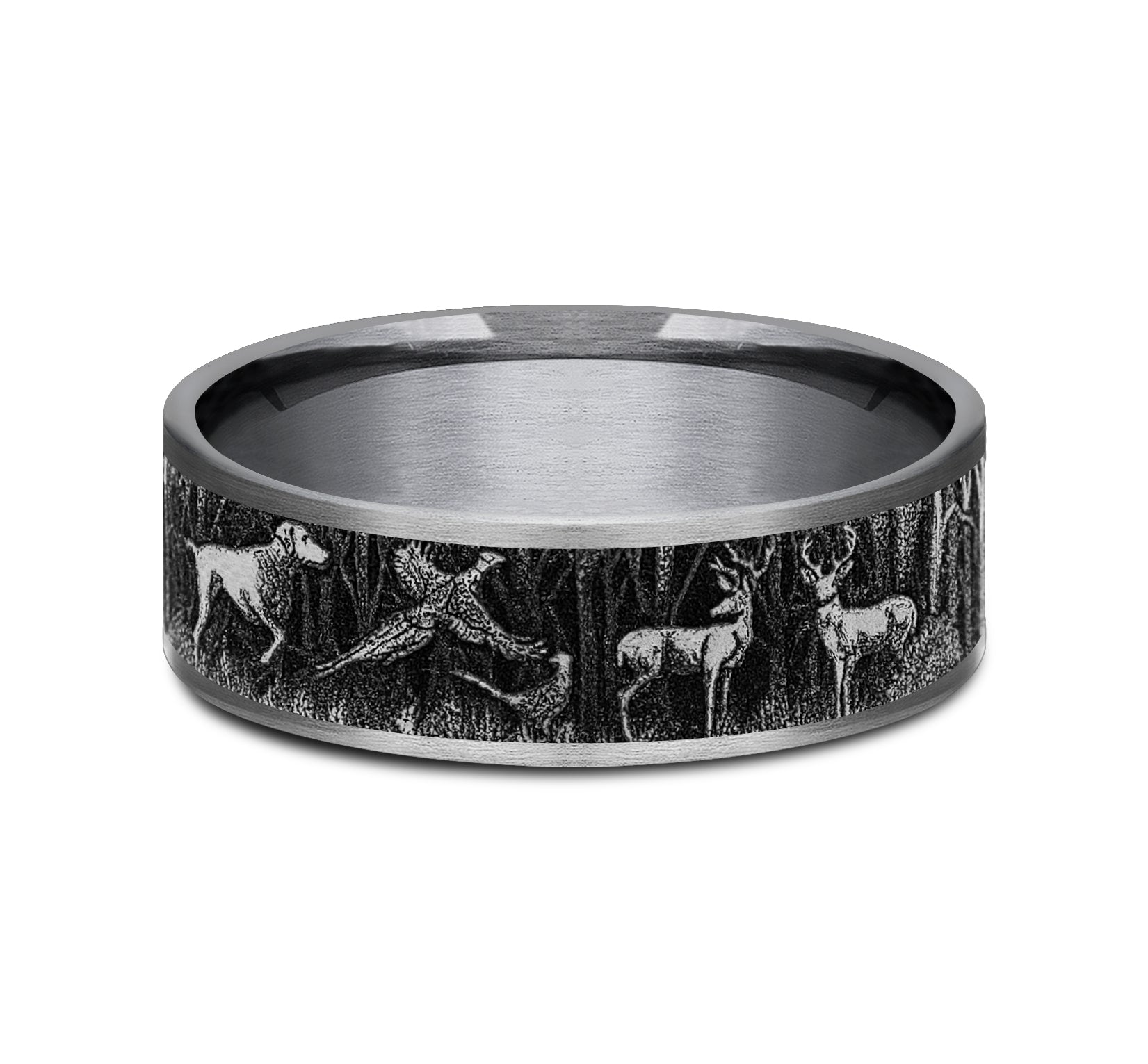 THE HUNTSMAN 7.5mm, Comfort fit, Grey Tantalum and Grey/Black Titanium, Forest scene design, thin edges