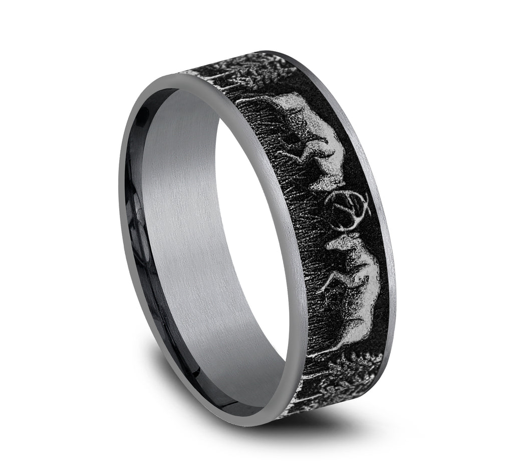 THE RUT 7.5mm, Comfort fit, Grey Tantalum and Grey/Black Titanium, Deer fight design, thin edges