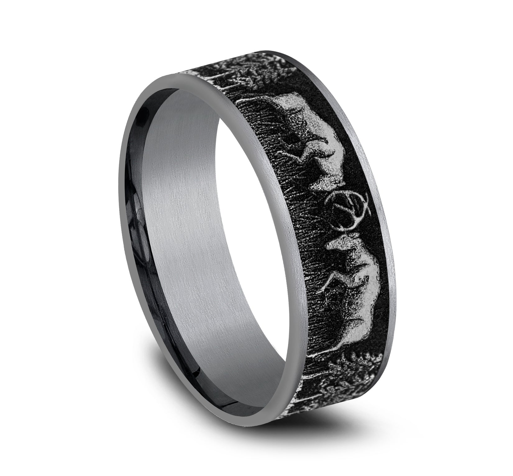 THE RUT 7.5mm, Comfort fit, Grey Tantalum and Grey/Black Titanium, Deer fight design, thin edges