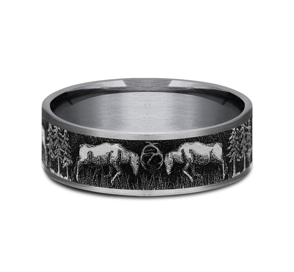 THE RUT 7.5mm, Comfort fit, Grey Tantalum and Grey/Black Titanium, Deer fight design, thin edges