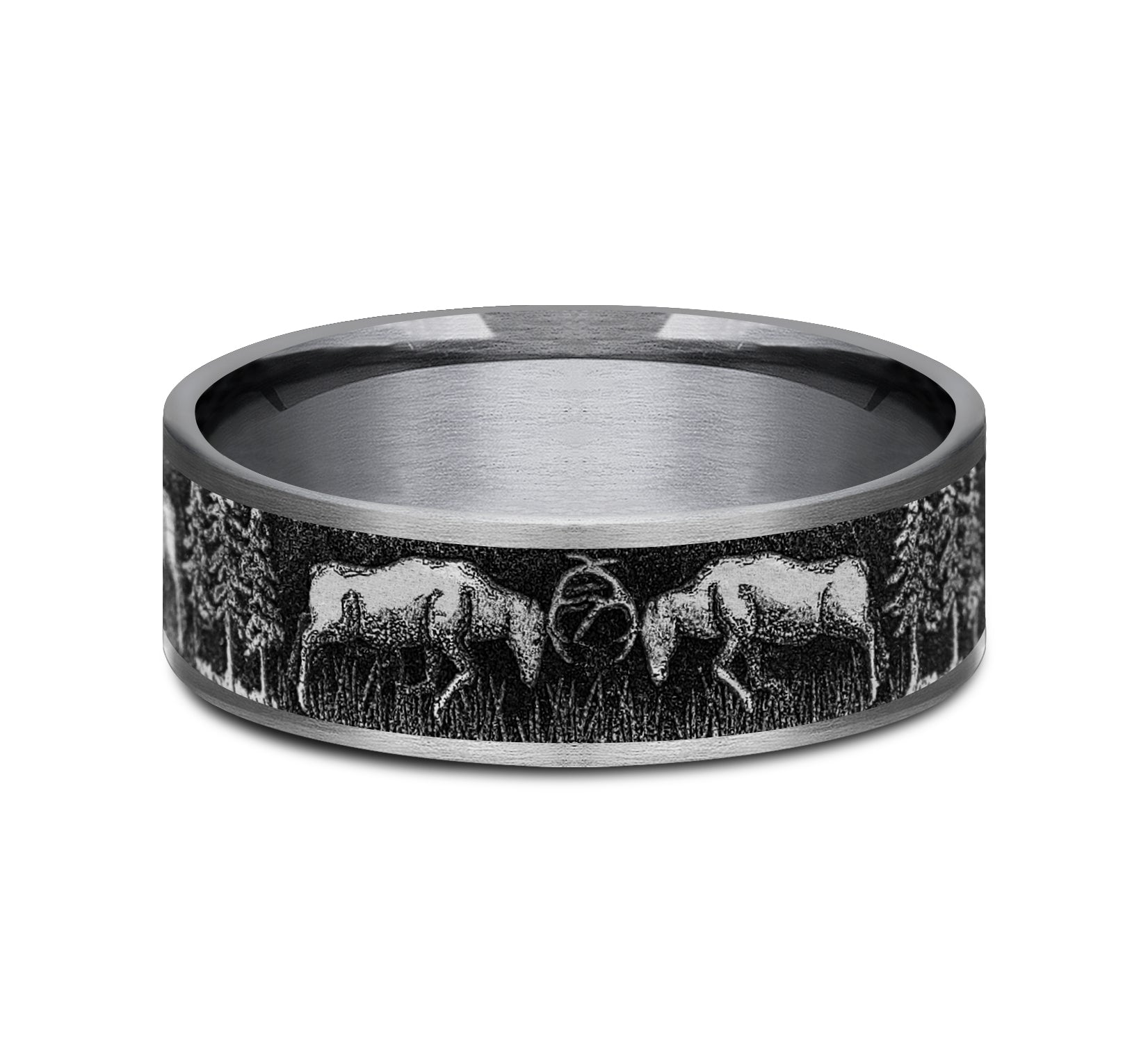 THE RUT 7.5mm, Comfort fit, Grey Tantalum and Grey/Black Titanium, Deer fight design, thin edges