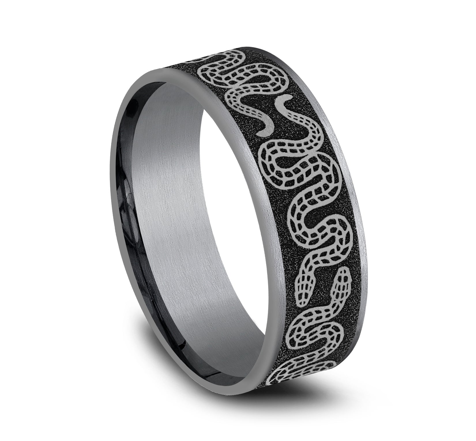 THE SIDEWINDER 7.5mm, Comfort fit, Grey Tantalum and Grey/Black Titanium, Snake pattern, thin edges